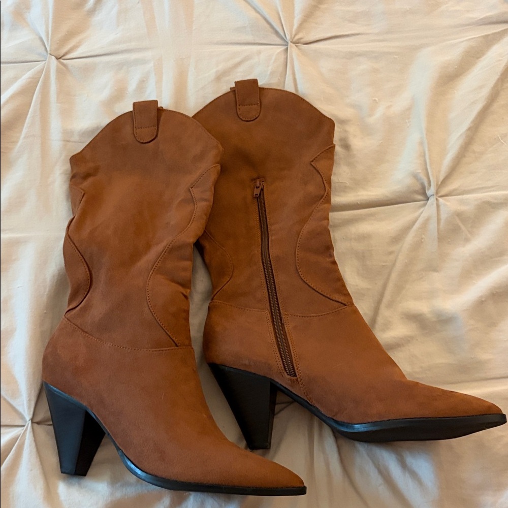 SHEIN Tan Western Suede Cowboy Boots